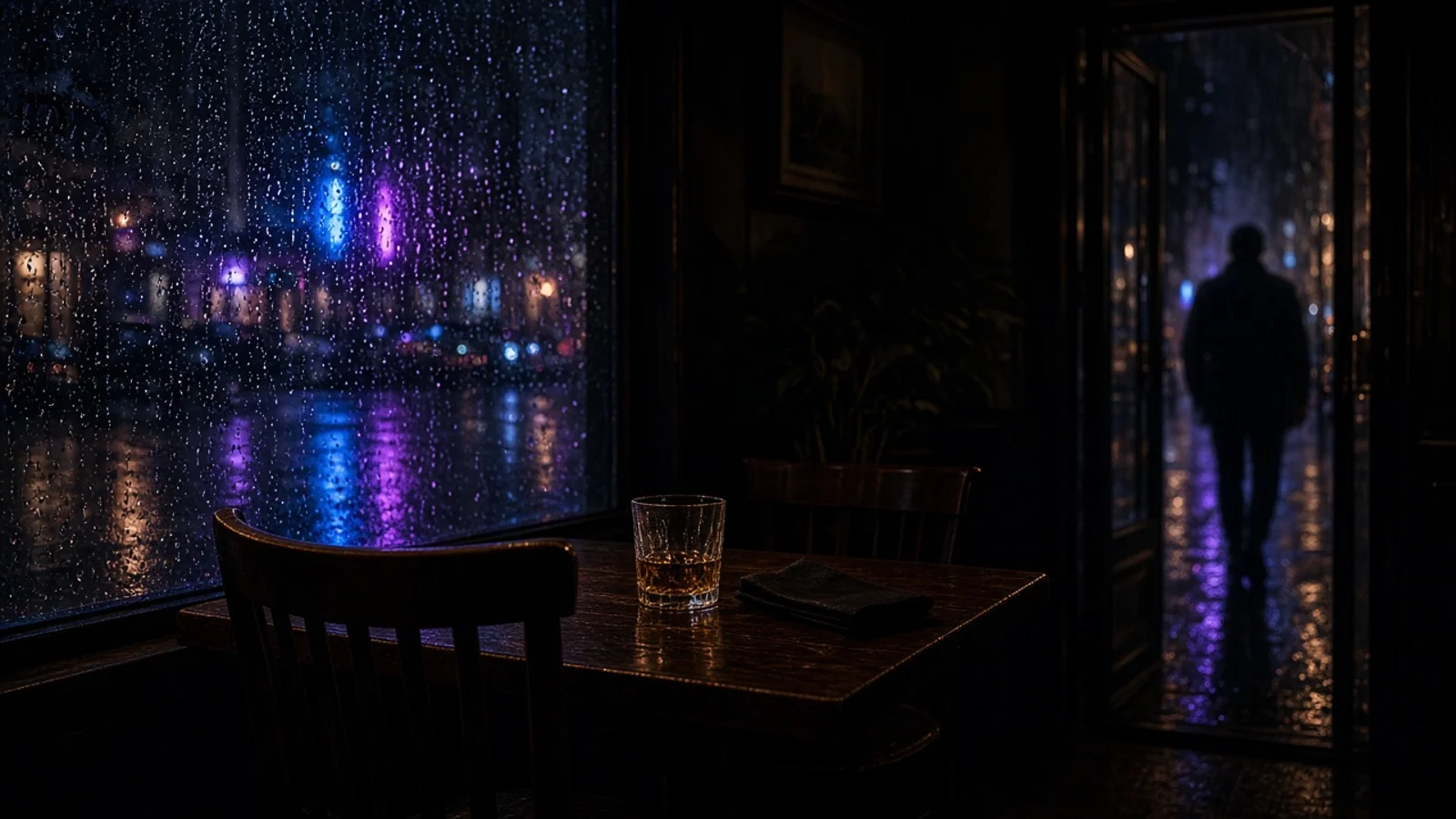 Mesa vazia junto à janela chuvosa de um restaurante à noite, com um homem saindo pela porta