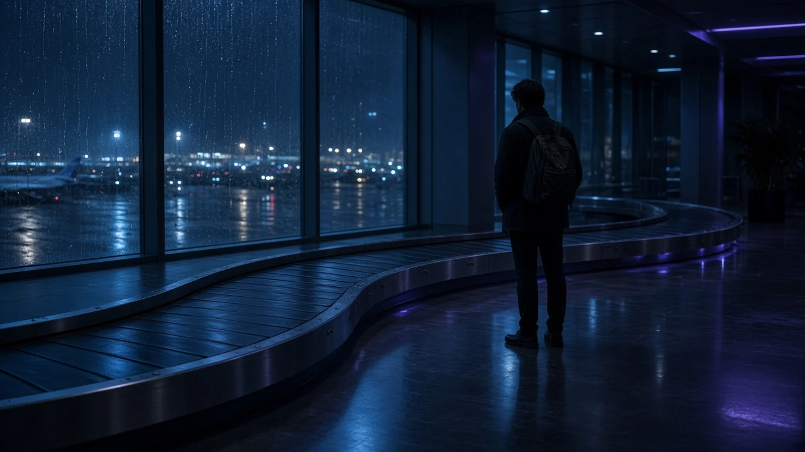 Homem com uma mochila diante da esteira de bagagens vazia, à noite, com chuva na janela do aeroporto