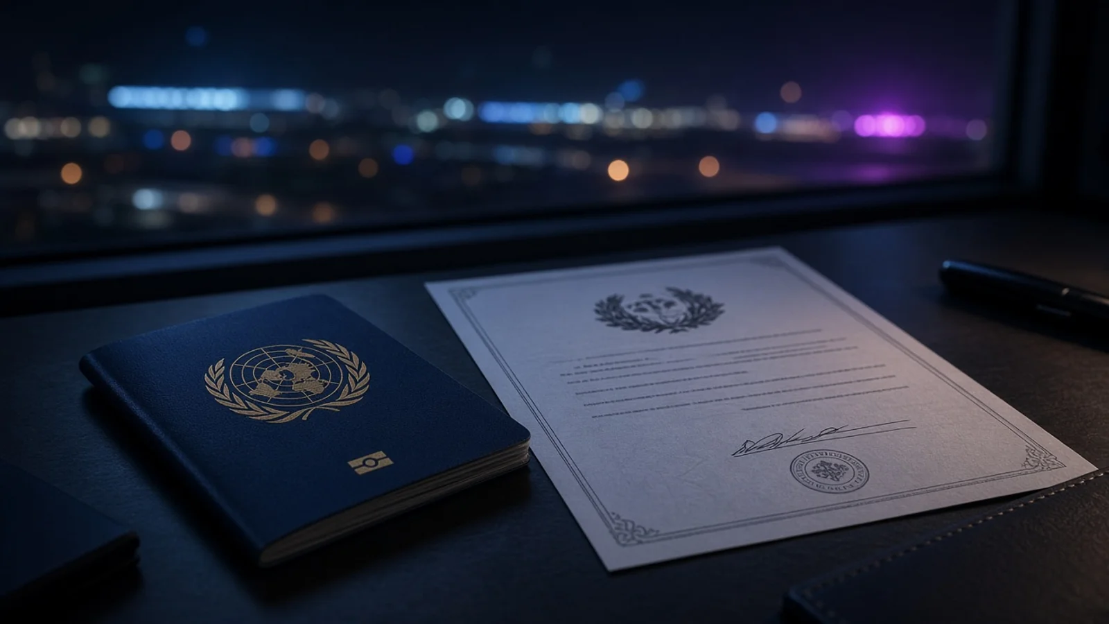 Passaporte e certidão sobre uma mesa escura, com luzes de aeroporto ao fundo