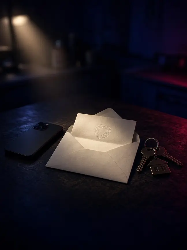 Envelope de intimação sobre a mesa, em luz baixa