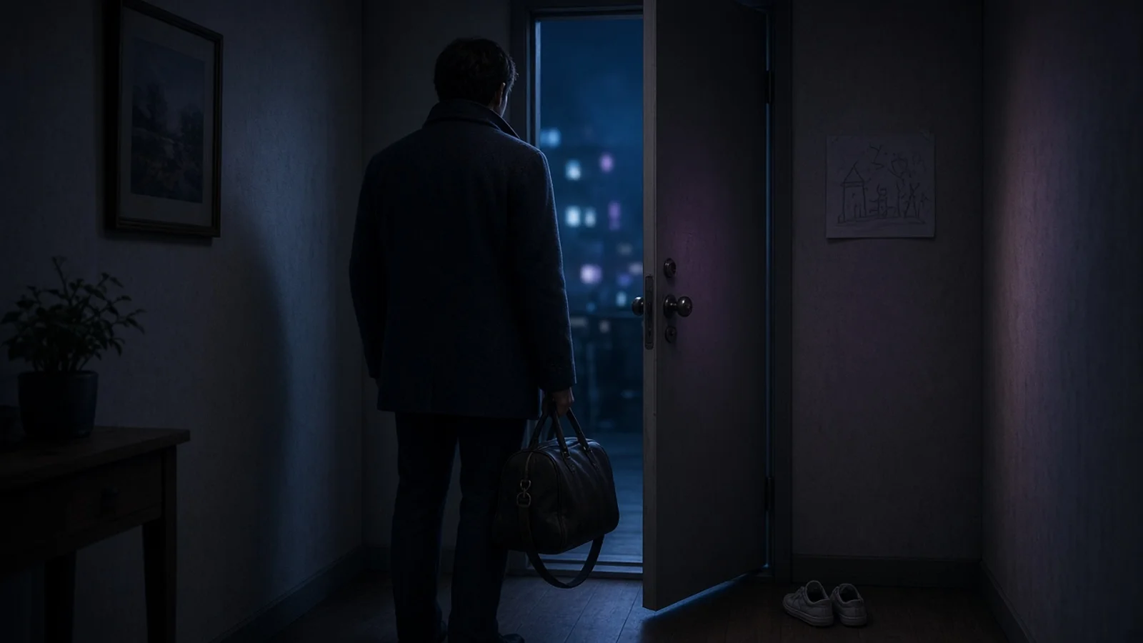 Homem de costas saindo de casa à noite com uma bolsa