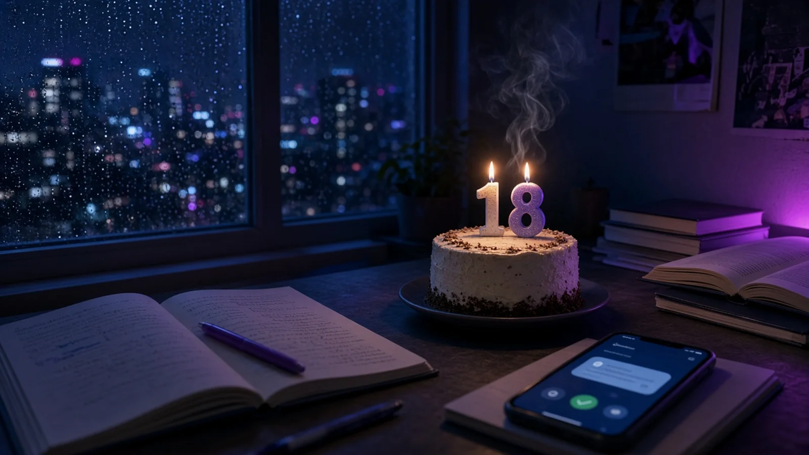 Bolo de aniversário de 18 anos sobre uma mesa de estudos, à noite, com chuva na janela