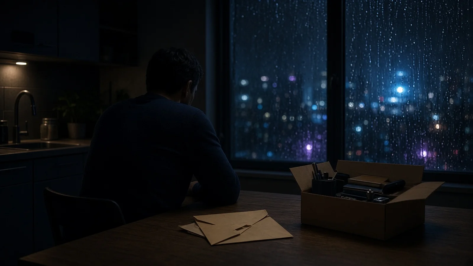 Homem de costas numa cozinha escura, com uma caixa de pertences do trabalho sobre a mesa e chuva na janela