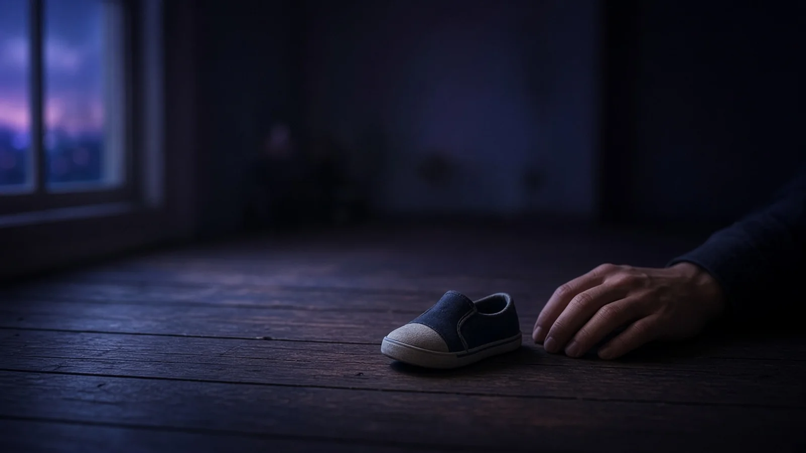 Tênis de criança no chão de um quarto escuro, ao lado da mão de um homem