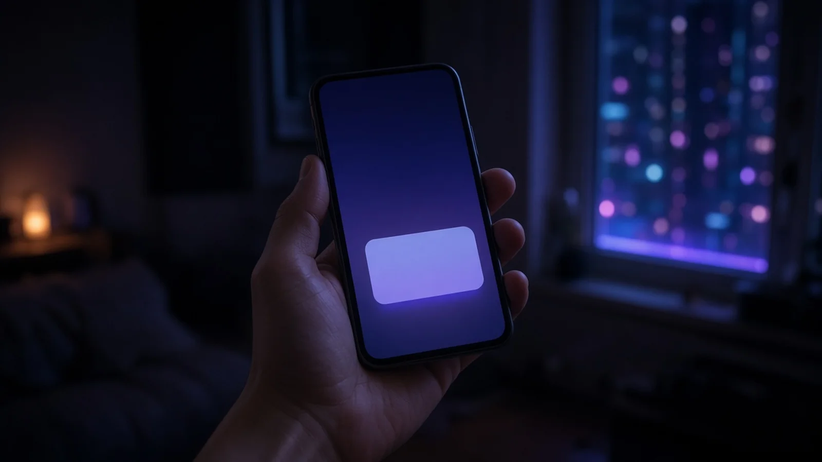 Celular aceso sobre a mesa à noite, com chuva na janela
