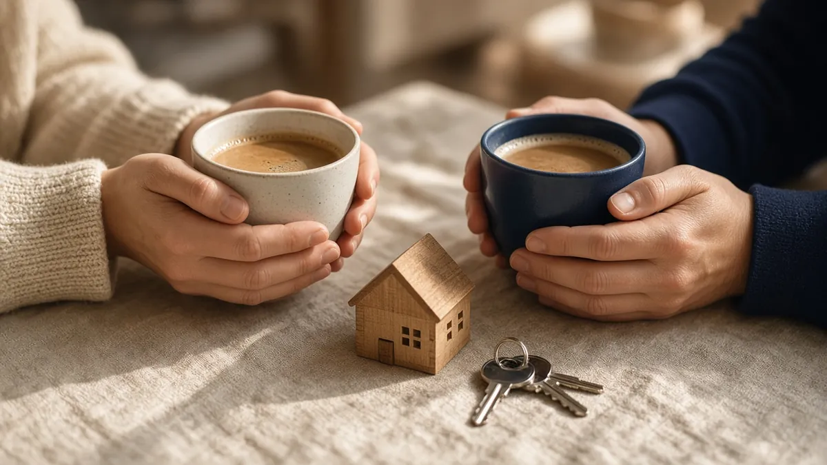 Mãos com xícaras de café e uma pequena casa de madeira