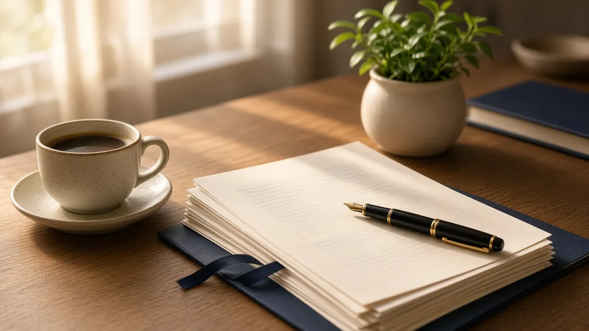 Mesa com documentos e café sob luz suave
